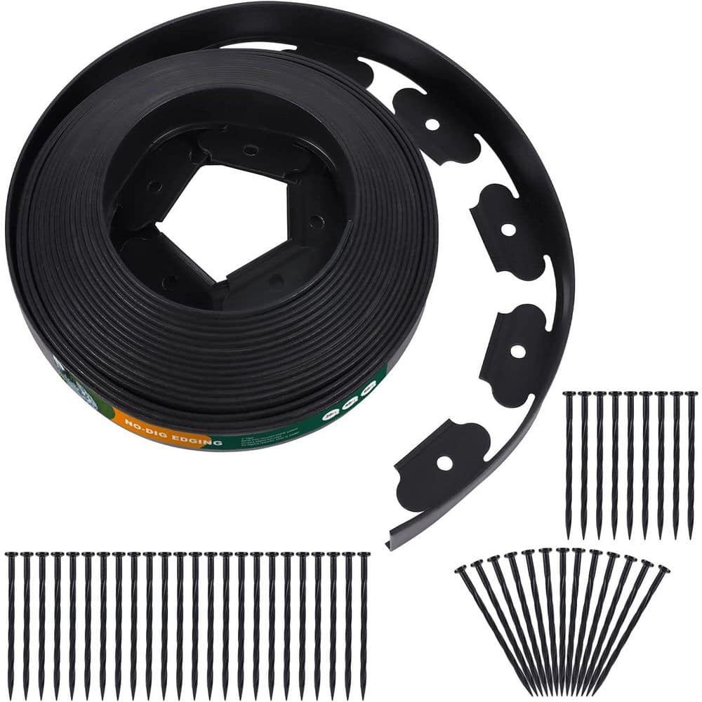 60 ft. Black Plastic Garden Edging Kit with 72 Anchoring Spikes for Landscaping - Hercitys