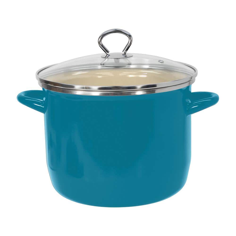 8 qt. Enamel on Steel Stock Pot in Teal with Glass Lid - Hercitys