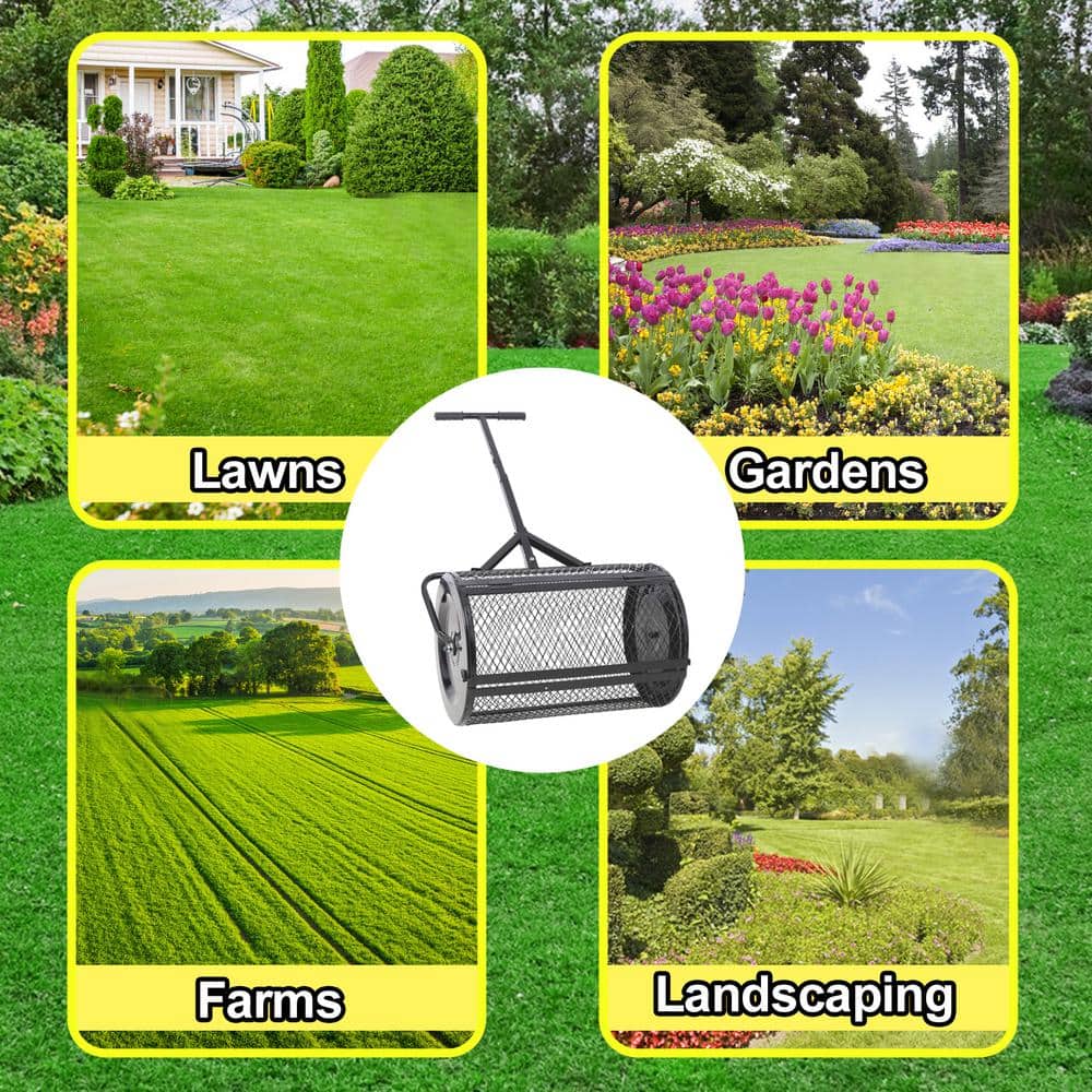 Black Peat Moss Spreader 24 in. Handheld Compost Spreader Metal Mesh, T Shaped Handle for Planting Seeding - Hercitys