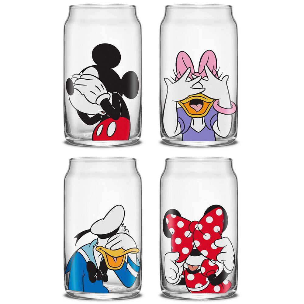 Disney Can Glass Set, Set of 4-Pieces Glasses With 4 Clear Straws + 1 Cleaning Brush - Hercitys