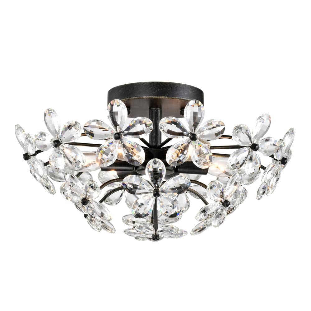 Teresa 17.7 in. Dia 6-Light Antique Black Flower Crystal Flush Mount with No Bulbs Included - Hercitys