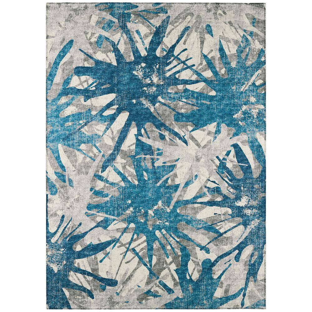 Bravado Blue 5 ft. x 7 ft. 6 in. Geometric Indoor/Outdoor Washable Area Rug - Hercitys