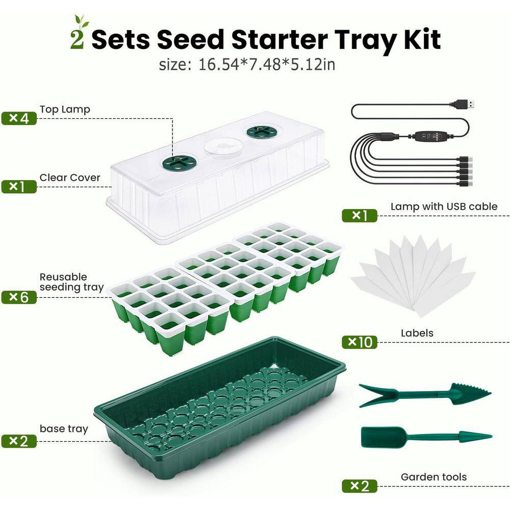 Seed Starter Tray with Grow Lights, 72 Cells Silicone Seed Starter Kit with Humidity Dome, 3 Lights, 2-Pack - Hercitys