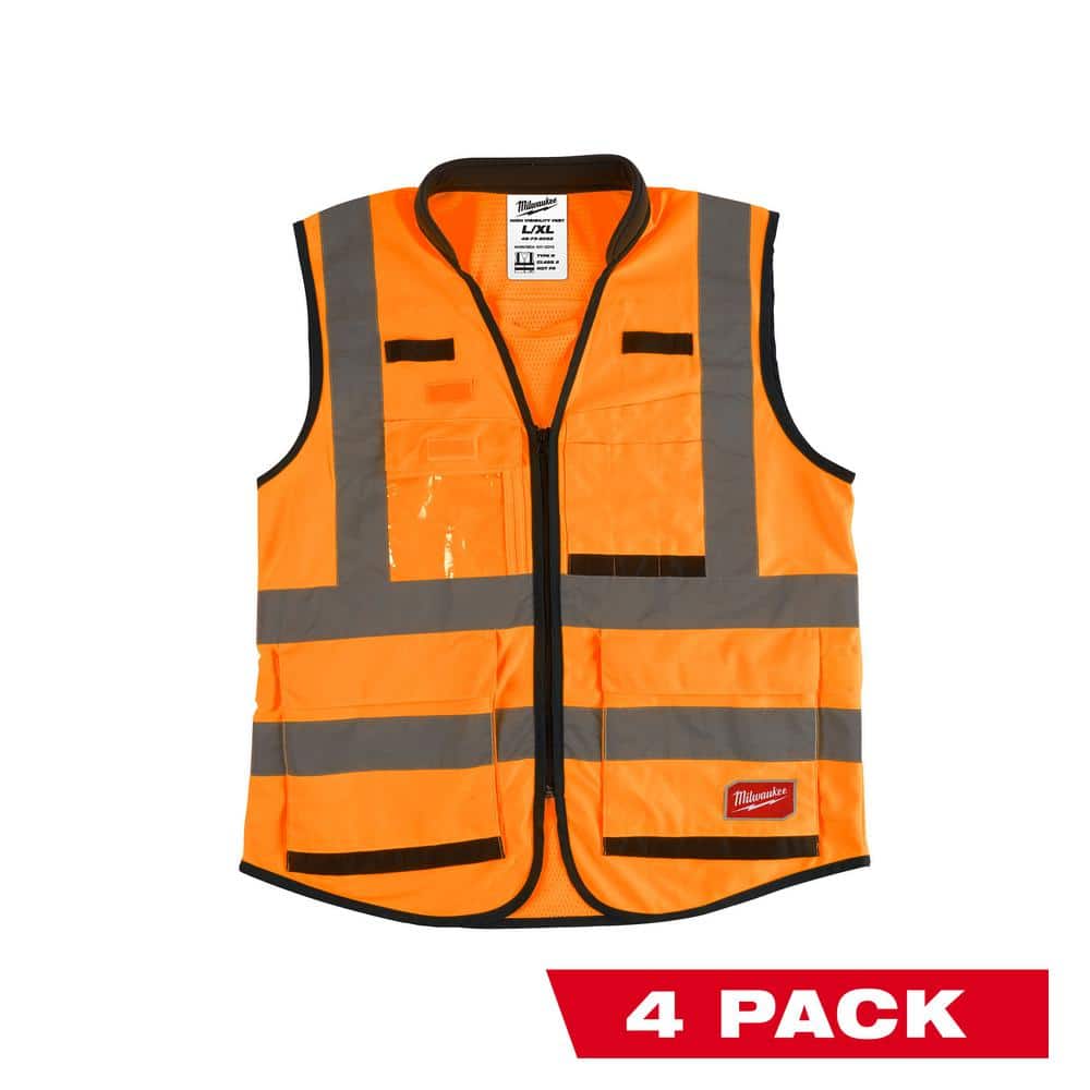 Performance 2X- Large/3X-Large Orange Class 2-High Visibility Safety Vest with 15 Pockets (4-Pack) - Hercitys