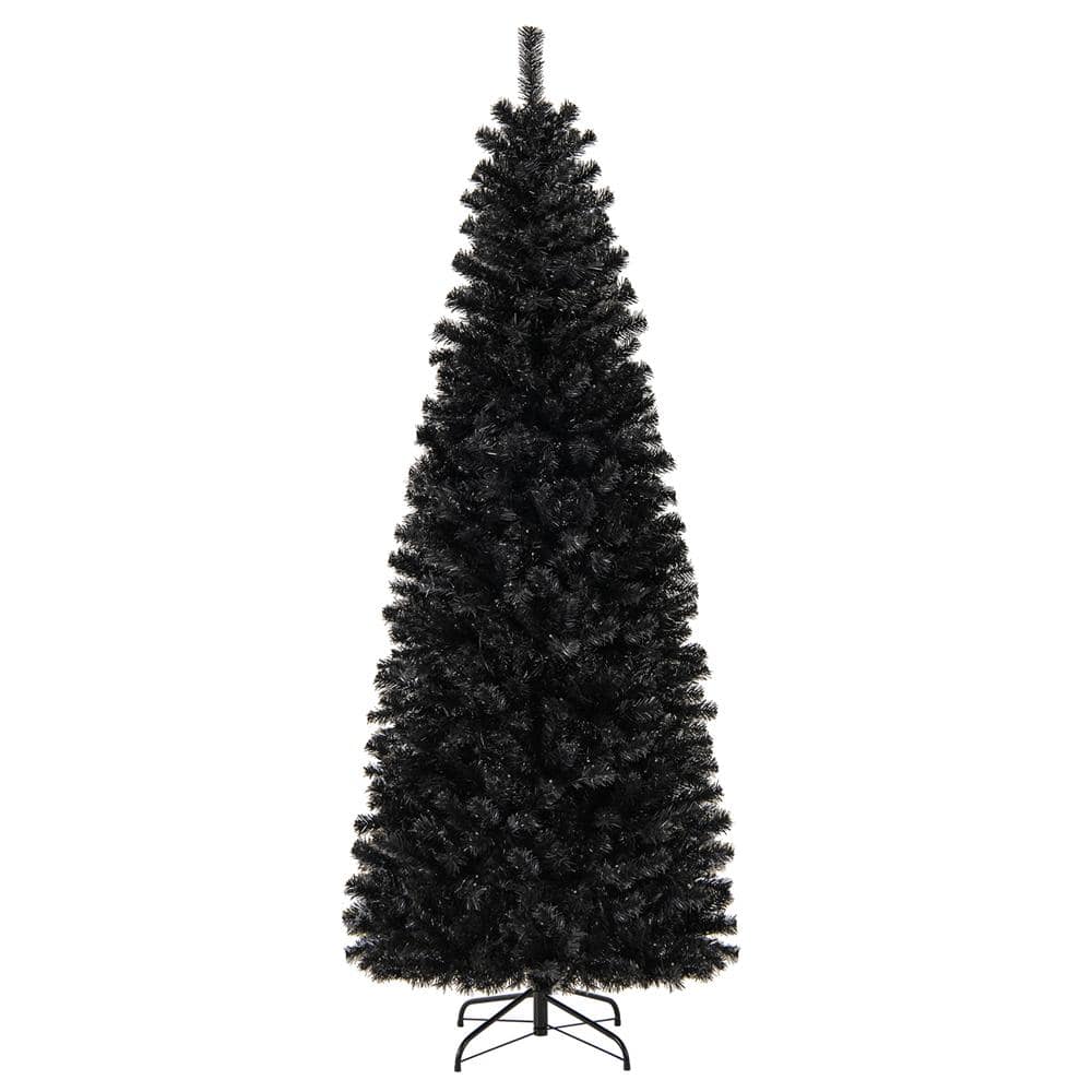 7 ft. Pre-Lit LED PVC Halloween Pencil Artificial Christmas Tree Black with 350 Warm White Lights - Hercitys
