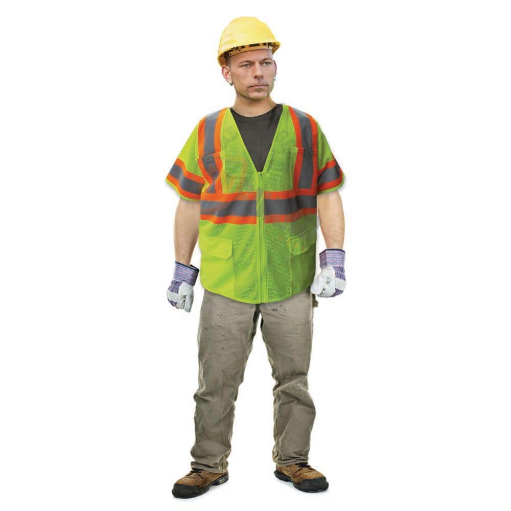Size Extra-Large Lime ANSI Class 3 Poly Mesh Safety Vest with 4 in. Orange and 2 in. Silver Retro Reflective Striping - Hercitys