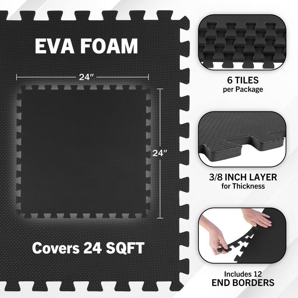 Black 24 in. x 24 in. x 0.375 in. Interlocking EVA Foam Floor Mat (6-Pack) - Hercitys