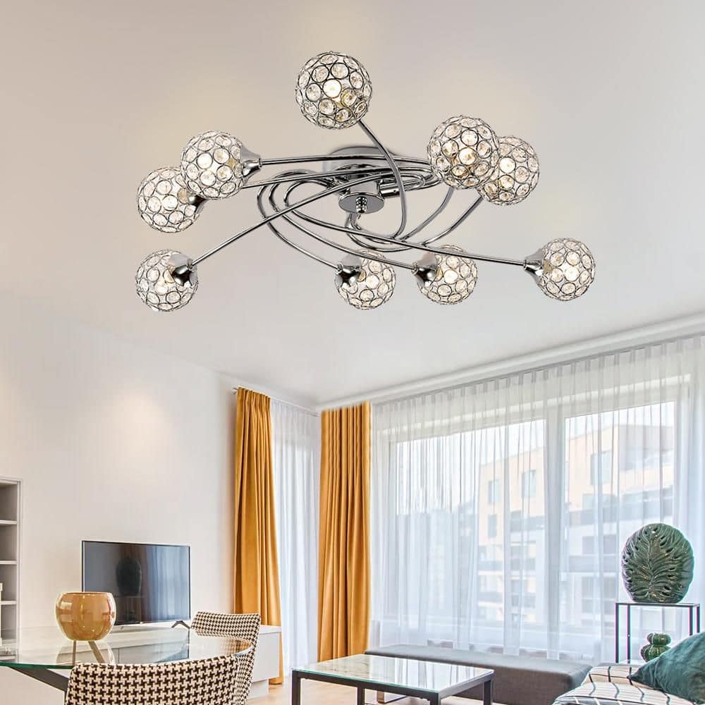 Providence 27.56 in. 9-Light Chrome Flush Mount with Crystal Shade - Hercitys