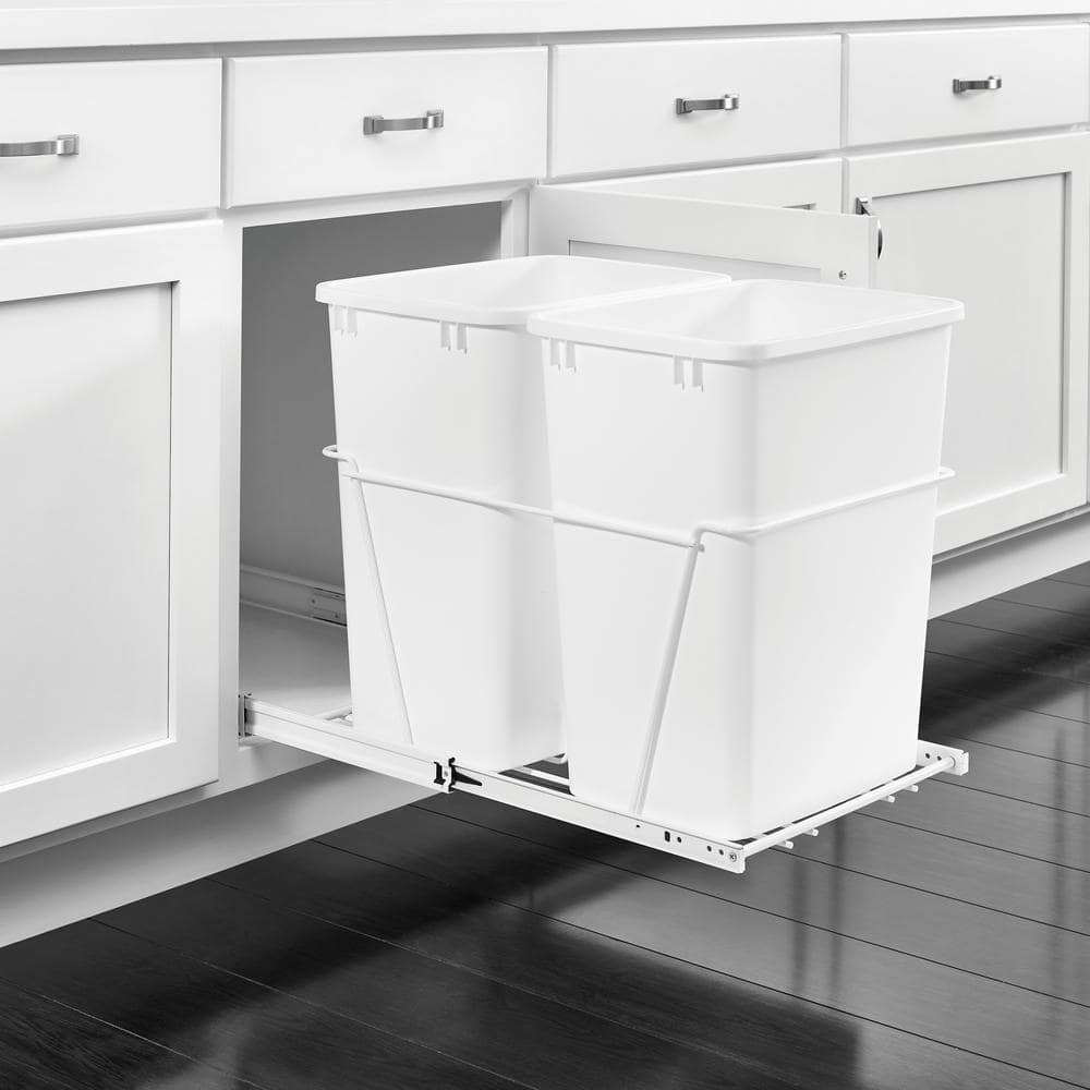 White Double 27 Qt Pullout Trash Can for Kitchen Cabinet - Hercitys
