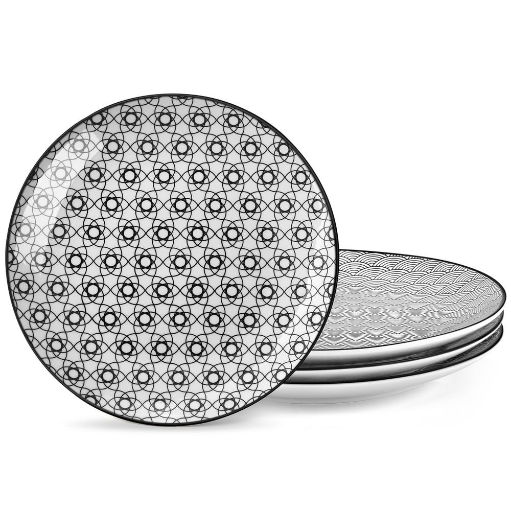 Black and White Porcelain Dinner Plate (Set of 4) Plates Set Kitchen Plates 10.25 in. Serving Plates - Hercitys