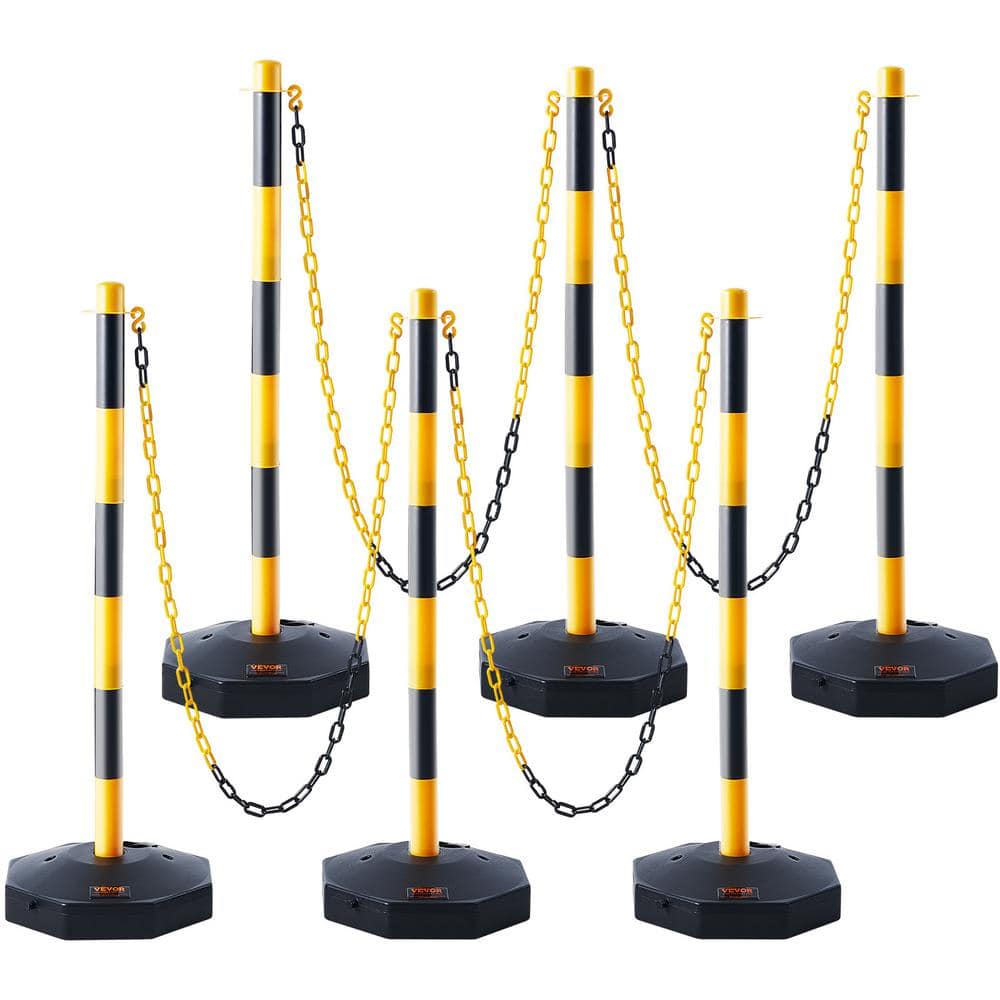 Traffic Delineator Post Cones 30 in. Safety Delineator Barrier w/Fillable Base 8 ft. Chain, Yellow and Black (6-Pieces) - Hercitys