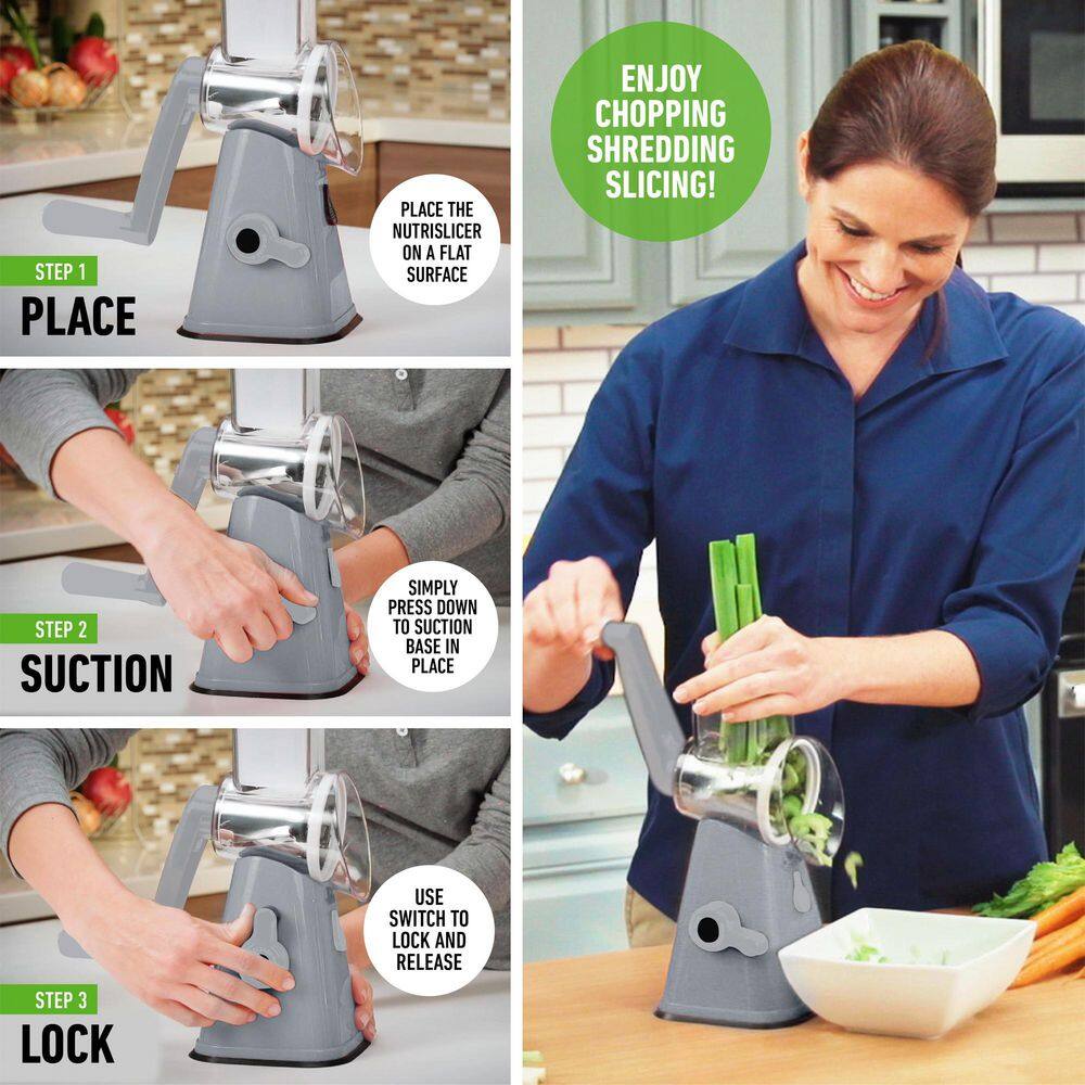 NutriSlicer 3-in-1 Spinning/Rotating Mandoline and Countertop Food Slicer and Grater in Grey - Hercitys