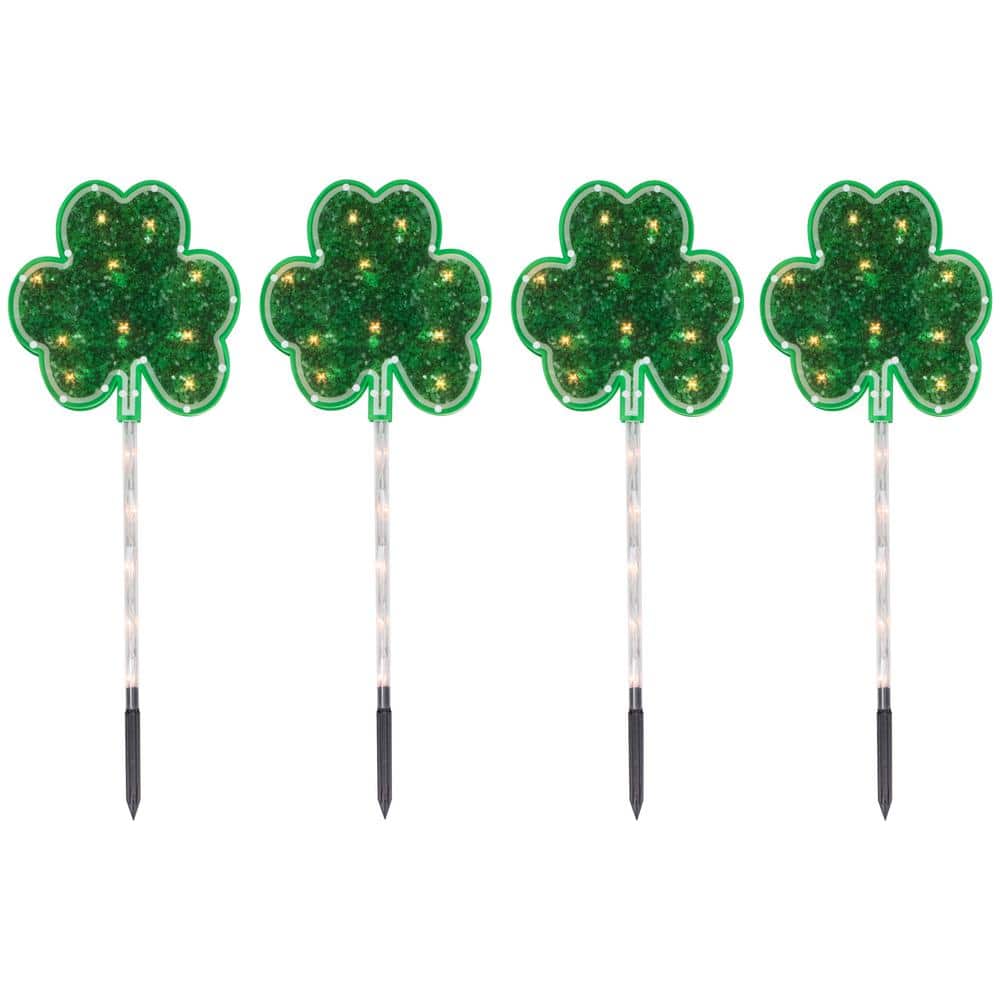 Green Shamrock St Patrick’s Day Pathway Marker Lawn Stakes, Clear Lights (4-Count) - Hercitys