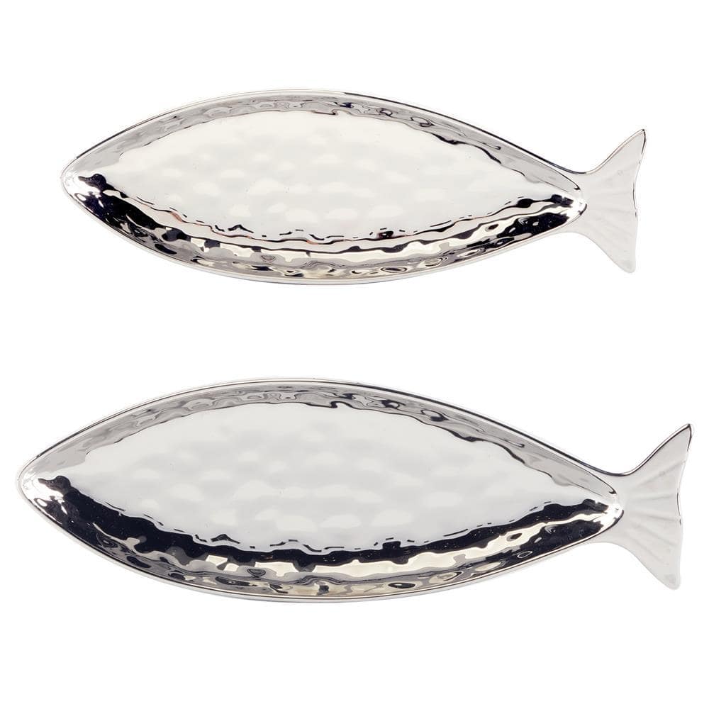 Silver Coast 8.5 in. Silver Porcelain Oval 3-D Fish Platter (Set of 2) - Hercitys