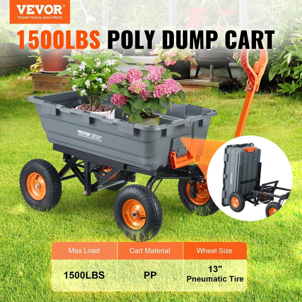 7 cu. ft. Dump Cart Poly Garden Cart with 1500 lbs.. Capacity Steel Frame Dump Wagon with 2-in-1 Garden Cart - Hercitys