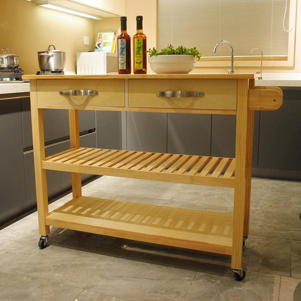 Natural Wood Countertop 45 in. Kitchen Island Cart with Drawers - Hercitys
