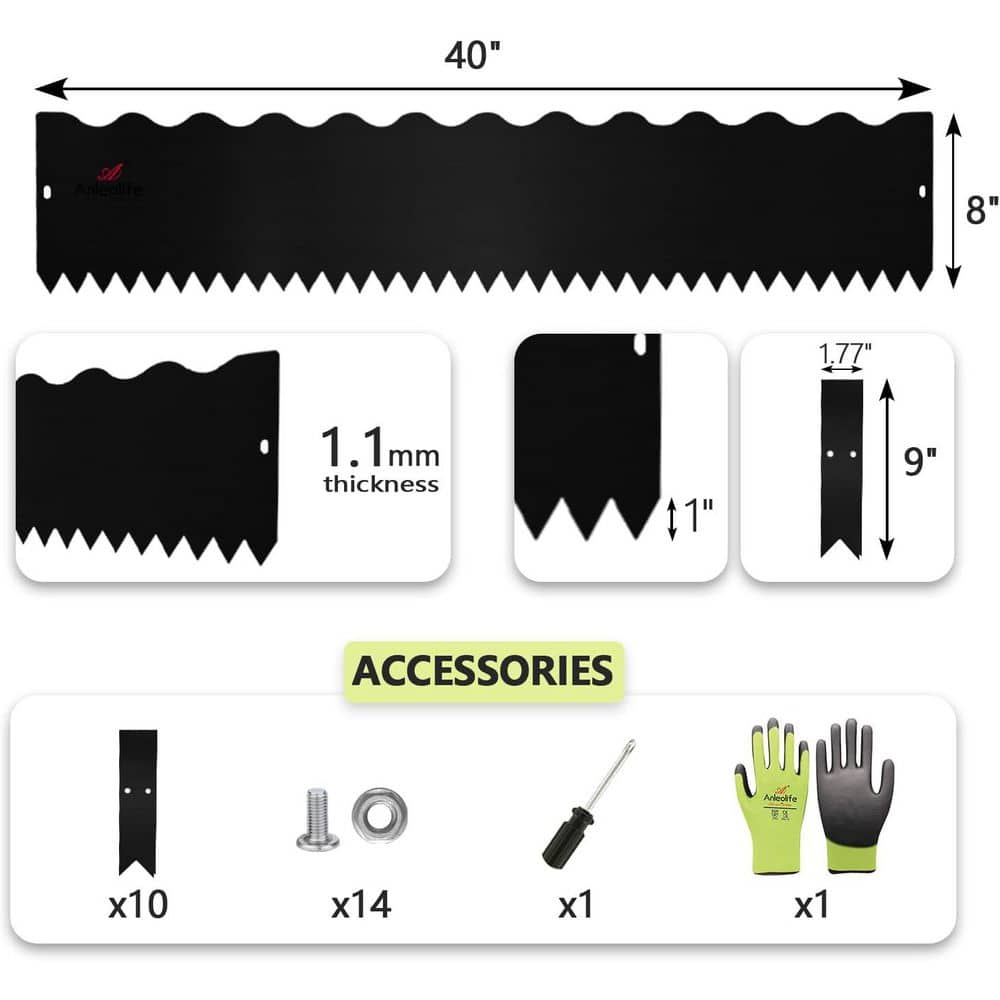 6 Pack 40 in. L x 8 in. H Black Steel Garden Landscape Edging, Lawn Border with Gloves and 10 Stakes(Wavy Edge) - Hercitys