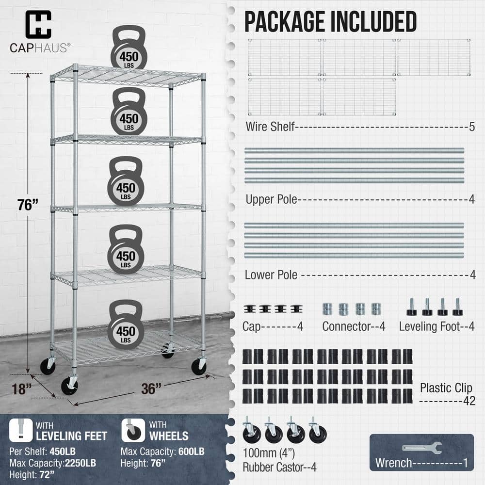 Silver 5-Tier Adjustable Welded Steel Heavy Duty Garage Storage Unit Shelving (36 in. W x 76 in. H x 18 in. D) - Hercitys