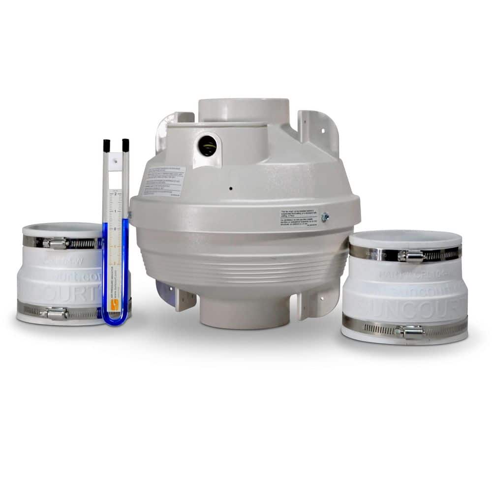 Radon Mitigation Fan Kit 4 in. Fan with 4 in. to 4 in. Couplers and Air Pressure Indicator - Hercitys