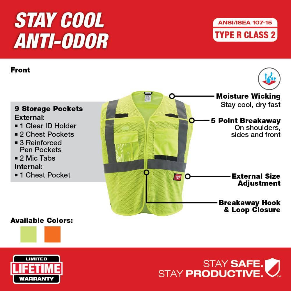 Large/X-Large Yellow Class 2 Breakaway Polyester Mesh High Visibility Safety Vest with 9-Pockets - Hercitys
