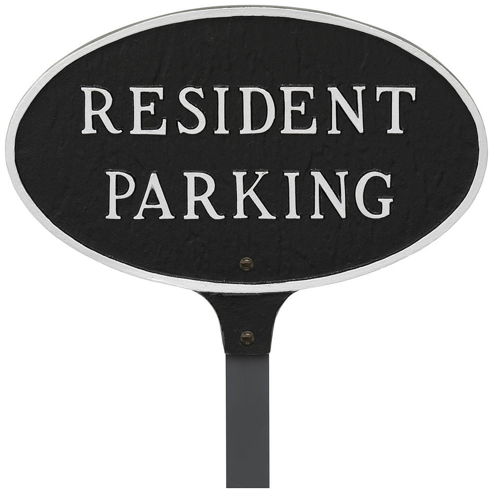 8.5 in. x 13 in. Standard Oval Resident Parking Statement Plaque Sign with 23 in. Lawn Stake – Black/Silver - Hercitys