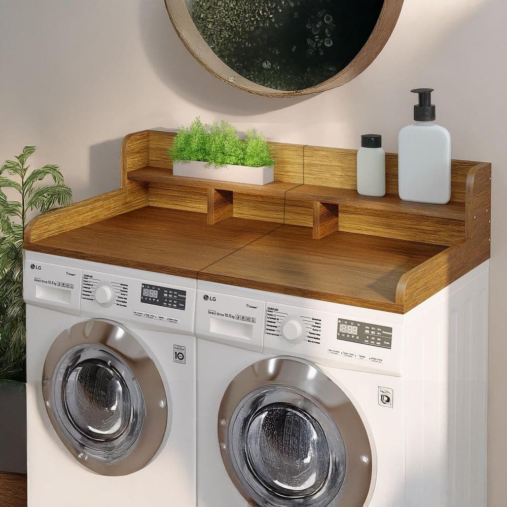 Walnut MDF Washer Dryer Countertop, 2-Tier Organizer with Edge for Laundry Kitchen Counter Storage Organization - Hercitys