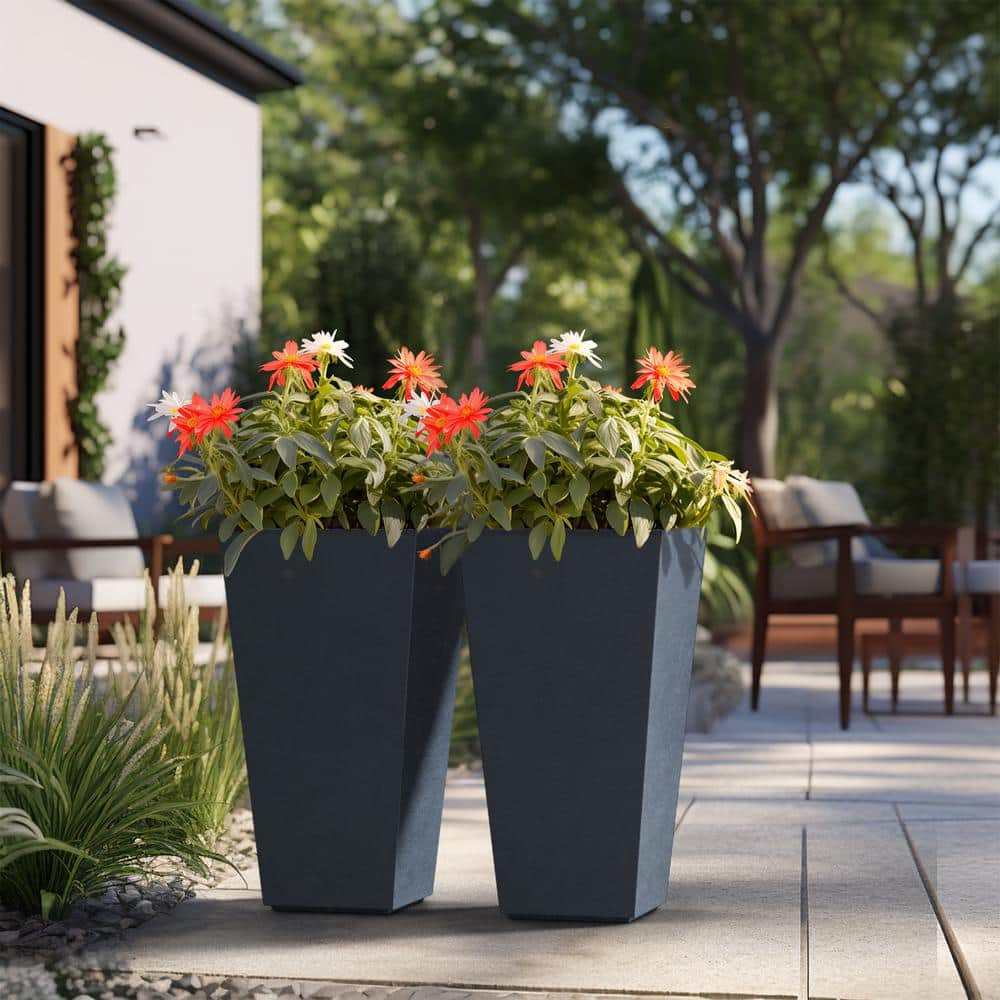 Modern 24.5in. High Large Tall Tapered Square Granite Gray Outdoor Cement Planter Plant Pots Set of 2 - Hercitys