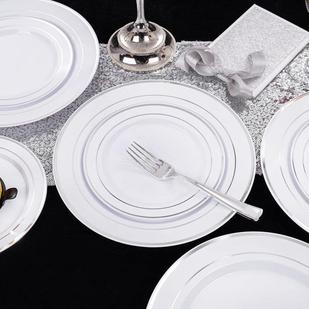 Silver Disposable Plastic Plates, 200-Piece (100-Dinner and 100-Dessert Plates) - Hercitys