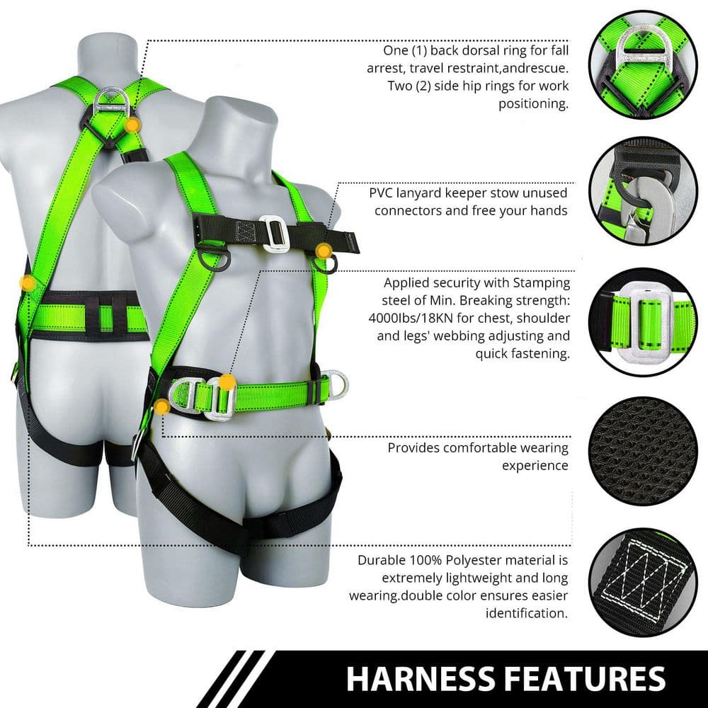 Safety Harness Fall Protection Kit, Full Body Roofing harnesses with Shock Absorbing Lanyard, Green (1-Pack) - Hercitys
