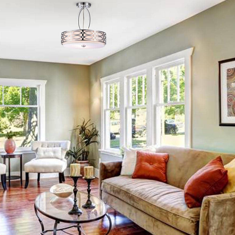 Pavot 17 in. 3-Light Chrome Drum Semi-Flush Mount with White Fabric Shade and No Bulbs Included, for Dining/Living Room - Hercitys