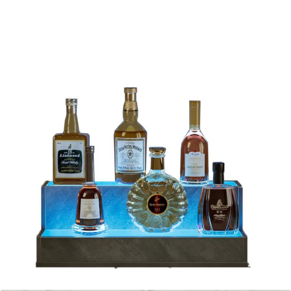 7 in. H x 20 in. W 6-Bottle Gray 2 Step LED Lighted Liquor Bottle Display Shelf with App & Remote Control for Home, Bar - Hercitys