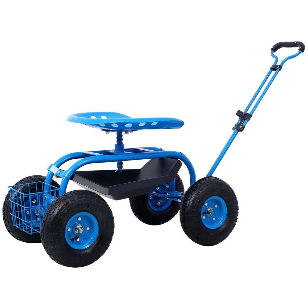 9.8 cu. ft. Steel Outdoor Garden Cart, Rolling Garden Scooter with Wheels and Tool Tray, 360-Degree Swivel Seat, Blue - Hercitys