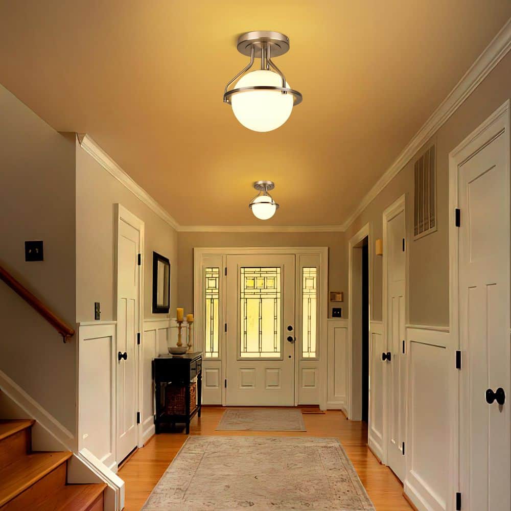 Mid-century 10 in. 1-Light Blushed Nickel Semi-Flush Mount Ceiling Light Fixture with Milky Glass Globe Shade - Hercitys