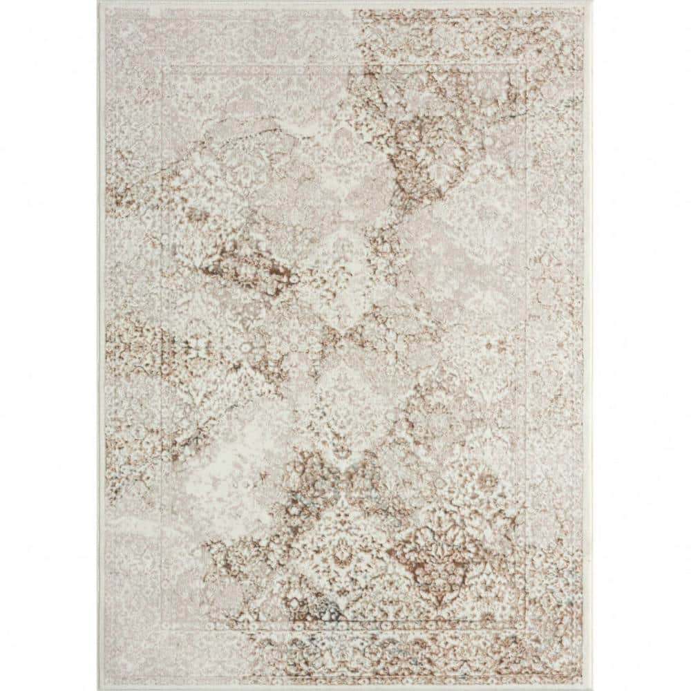 Beige Cream and Brown 5 ft. x 7 ft. Damask Stain Resistant Area Rug - Hercitys