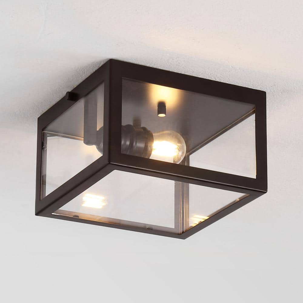 Eleanor 8 in. 1-Light Farmhouse Industrial Square Iron/Glass Case LED Flush Mount, Oil Rubbed Bronze - Hercitys