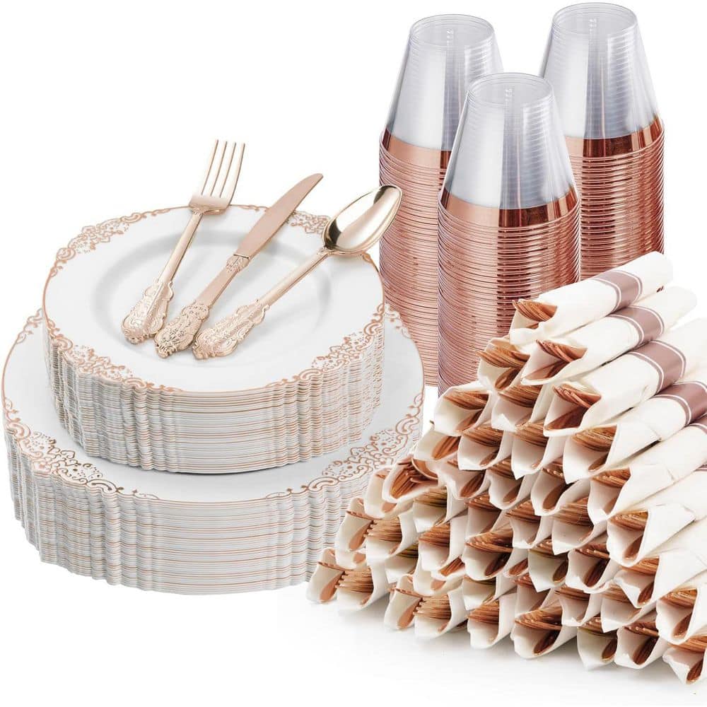 Rose Gold Disposable Plastic Dinnerware Set for 50-Guests (350-Pieces) - Hercitys