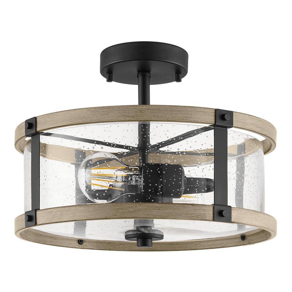 Richland 2-Light Grey Wood Semi Flush Mount Clear Seedy Glass - Hercitys