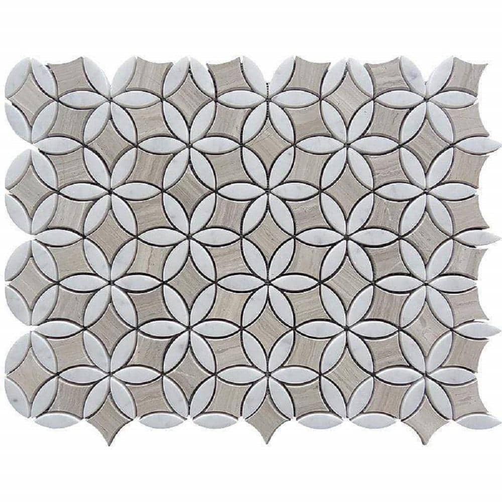 Gray and Beige 11.7 in. x 15.2 in. Wooden Flower Polished Marble Mosaic Tile (6.18 sq. ft./Case) - Hercitys