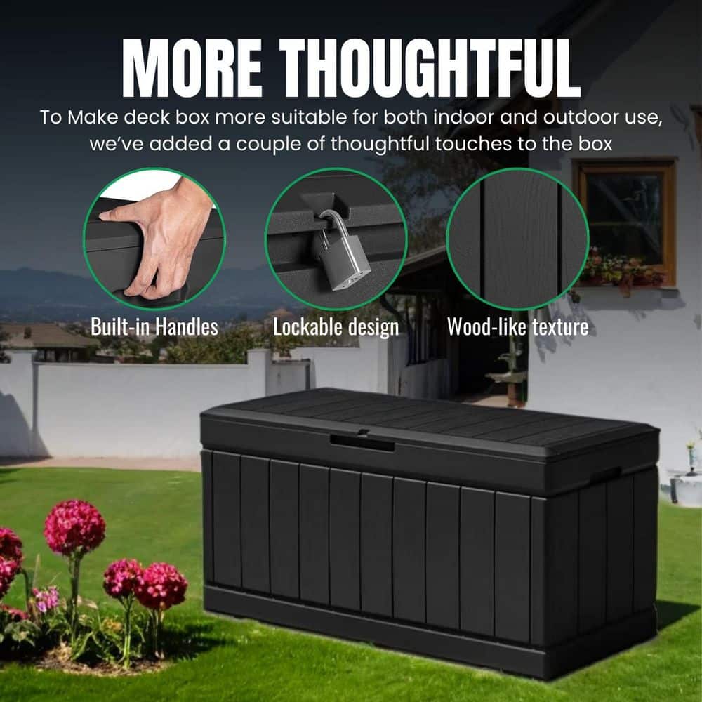 Black 85 Gal. Large Resin Deck Box Waterproof Outdoor Storage with Padlock Indoor Outdoor Organization - Hercitys