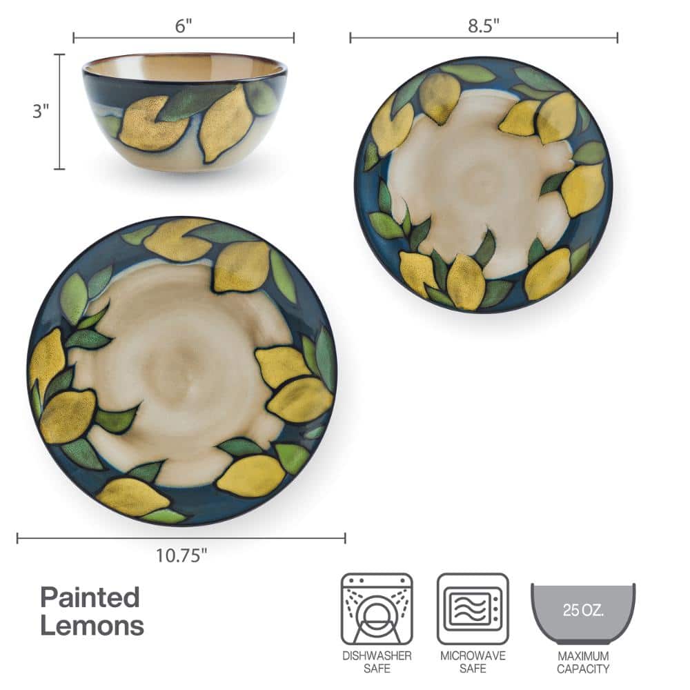 Painted Lemons 12-Piece Stoneware Dinnerware Set - Hercitys