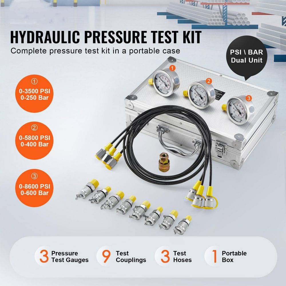 Hydraulic Pressure Test Kit, 250/400/600bar, 3 Gauges 9 Test Couplings 3 Test Hoses, Excavator Hydraulic Test Gauge - Hercitys