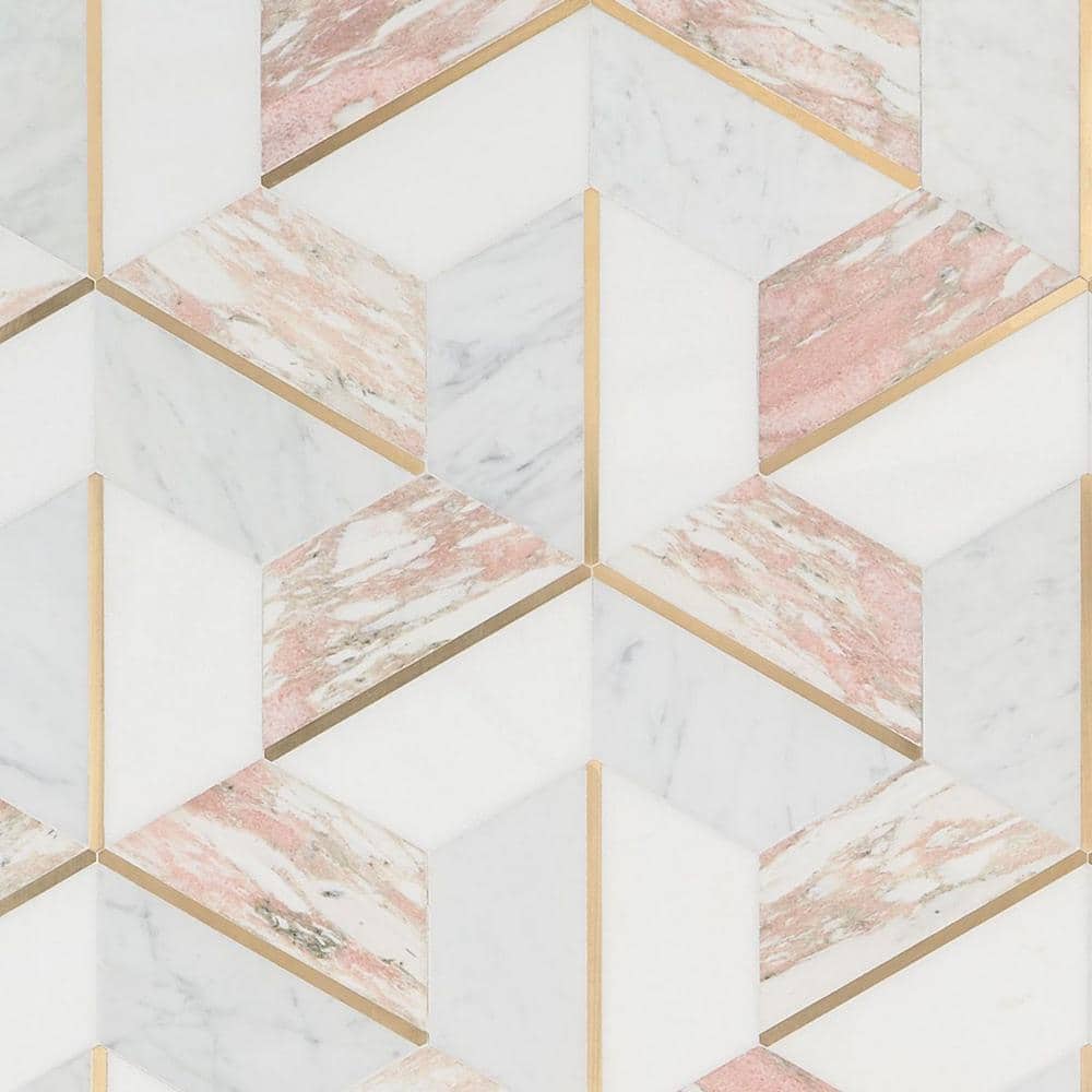 Timbira Rosa 11.81 in. x 10.23 in. Polished Marble and Brass Wall Mosaic Tile (0.83 sq. ft./Each) - Hercitys
