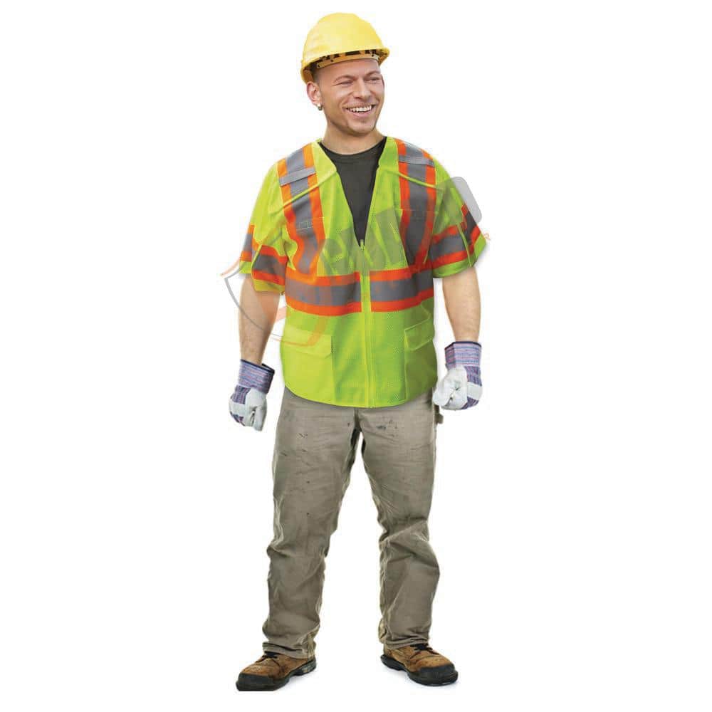 Size Extra-Large Lime ANSI Class 3 Poly Mesh 5-Point Breakaway Safety Vest with 4 in. Orange / 2 in. Silver Striping - Hercitys