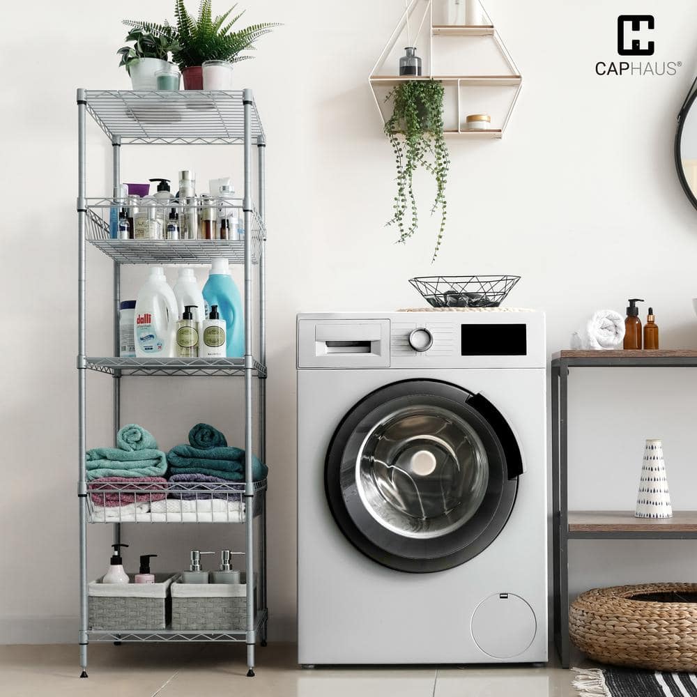 Silver 5-Tier Steel Garage Storage Shelving Unit with Baskets and Liner (18 in. W x 60 in. H x 18 in. D) - Hercitys