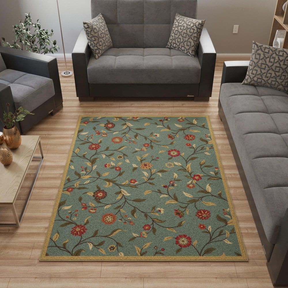 Basics Collection Non-Slip Rubberback Floral Leaves 5×7 Indoor Area Rug, 5 ft. x 6 ft. 6 in., Seafoam Green - Hercitys