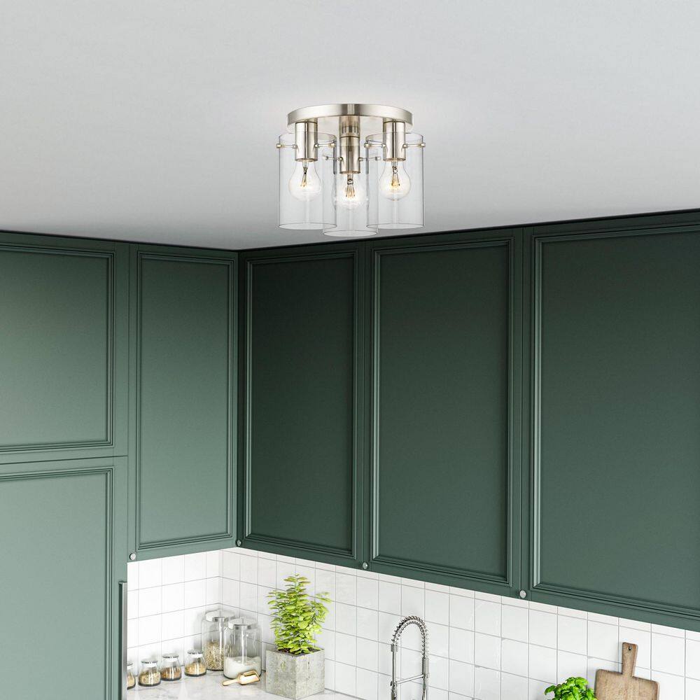 Alexander 11 in. 3-Light Brushed Nickel Flush Mount with Clear Glass Shades - Hercitys