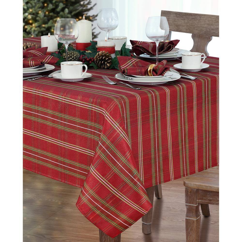 60 in. W x 102 in. L Red/Green Shimmering Plaid Holiday Christmas Tablecloth - Hercitys