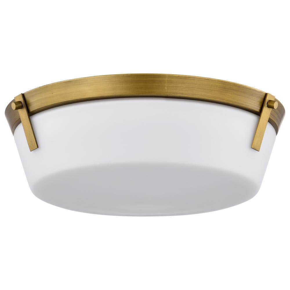 Rowen 14.63 in. 3-Light Natural Brass Traditional Flush Mount with Etched White Glass Shade and No Bulbs Included - Hercitys