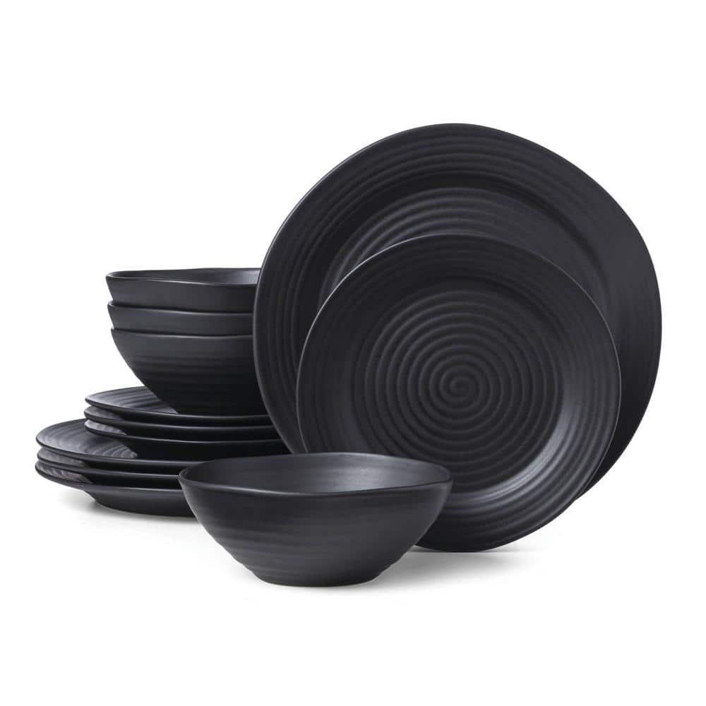 Ridge Black 12-Piece Black Stoneware Dinnerware (Set Service For 4) - Hercitys