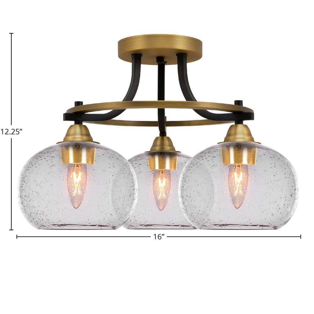 Madison 16 in. 3-Light Matte Black and Brass Semi-Flush Mount with Clear Bubble Glass Shade - Hercitys